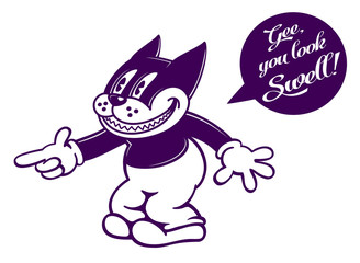 Vintage toons: retro cartoon cat character smiling with pointing finger, classic cartoon style