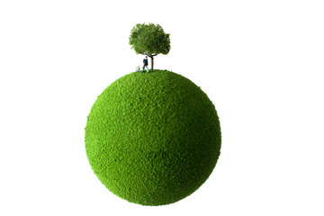 Man and doug on the green globe