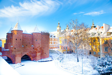 Old town is the historic center of Warsaw. Sights of Poland. Snow day. Winter, travel (vacation), architecture concept