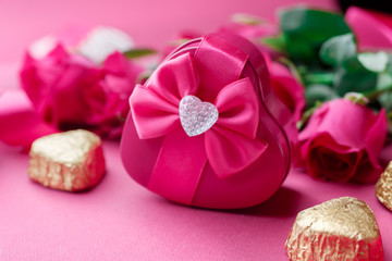 Gift box, Pink roses and candy. Valentines Day