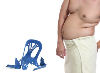 men body fat belly with broken chair , isolated on white backgro