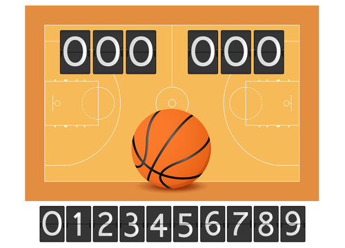 Basketball court. Basketball ball. Scoreboard.