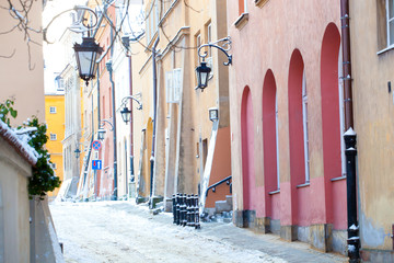  Old town is the historic center of Warsaw. Sights of Poland. Snow day. Winter, travel (vacation),...