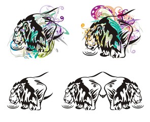 Lion and water splashes. Grunge tribal lion symbol at water with floral splashes and colorful drops. Four options on a white background