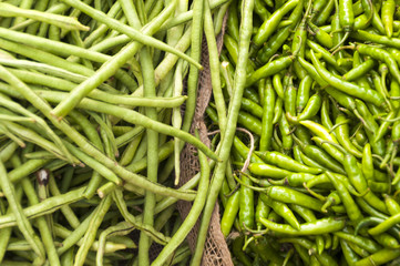 Longbeans and green chilli at the market