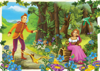 Obraz na płótnie Canvas Prince and princes in the forest - romantic scene - illustration for the children