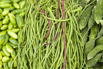 Bitter melon, cucumbers and longbeans at the market