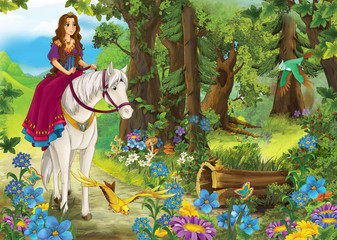 Obraz na płótnie Canvas Cartoon girl riding on a white horse - princess or queen - illustration for the children