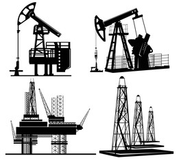 oil derrick and gas rig silhouettes on white
