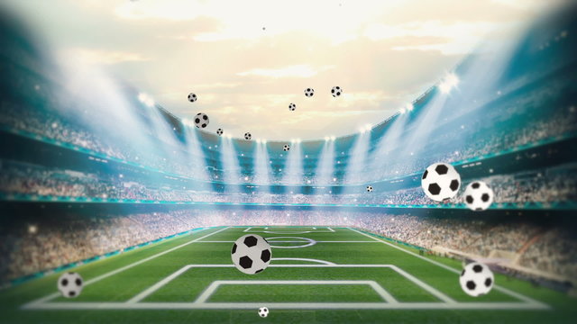 Soccer balls bouncing stadium background - 1080p. Football stadium balls bouncing towards the camera. To use as background - 1080p