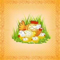 easter bckground with cartoon chicken hen on grass