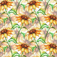 Watercolor yellow sunflower flower seamless pattern background