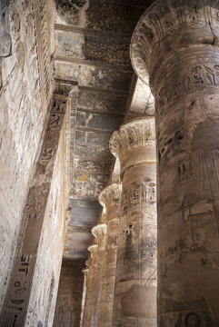 Colonnade of the temple with hieroglyphics color in Egypt