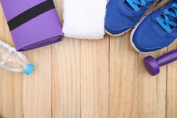 sports, concept of weight loss : Sport shoes and water with set for sports activities on tiled floor