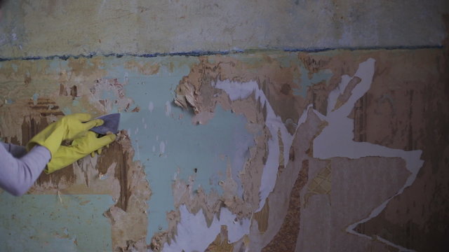 Blone woman removing old wallpaper