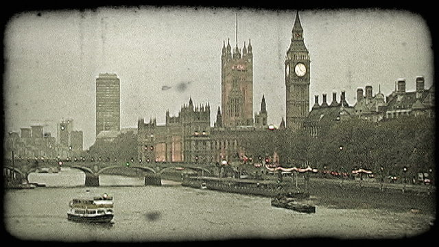 Boats on Thames. Vintage stylized video clip.