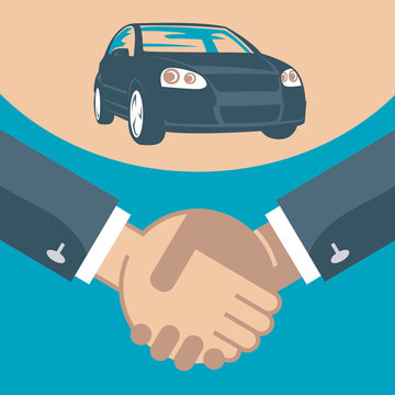 flat illustration of handshake and car on a stand