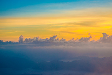 Morning sky background on sunrise with fog.
