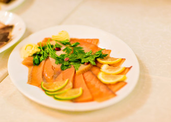 Salmon and smoked eel. Assorted. Restaurant