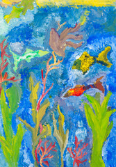 fishes and seaweeds in sea by watercolor