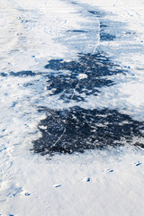 snow covered frozen surface of lake in winter