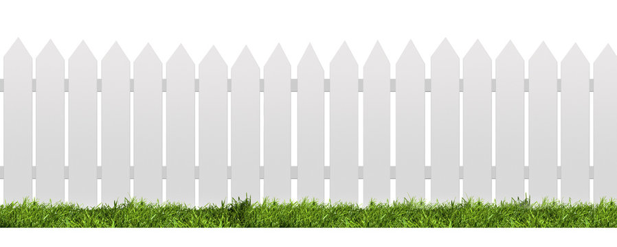 White fence with green grass isolated on white with clipping path