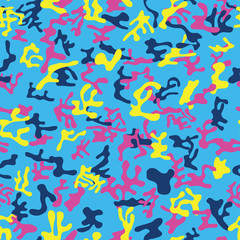 Seamless blue, dark blue, yellow and pink military camouflage pattern - Vector and illustration