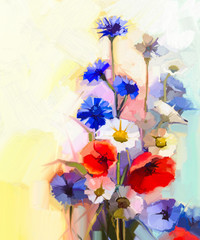 Oil painting red poppy flowers, blue cornflower and white daisy. Flower paint in soft color and blur style, Soft light yellow green background. Spring floral seasonal nature background