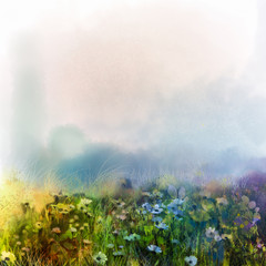 Fototapeta premium Abstract wildflowers, watercolor painting flower in meadows. Hand paint White and soft green blue daisy, gerbera flowers on light blue color texture background. Spring flower nature background 