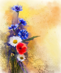 Watercolor red poppy flowers, blue cornflower and white daisy painting. Flower paint in soft color and blur style, Soft light yellow brown texture background. Spring floral seasonal nature background