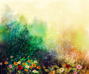 Plakaty  Streszczenie polne kwiaty, akwarela malarstwo kwiat na łąkach. Farba ręczna kwiaty gerbera biały, żółty, różowy, czerwony, stokrotka na żółty zielony kolor grunge tekstury tła. Wiosenny kwiat natura tło