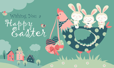 Easter bunnies,chicken and easter eggs 
