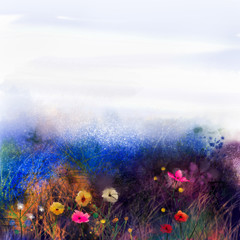 Fototapeta premium Abstract wildflowers, watercolor painting flower in meadows. Hand paint White, Yellow, Pink, Red, daisy gerbera flowers on purple blue grunge color texture background.Spring flower nature background