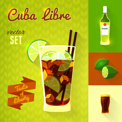 Cuba Libre Cocktail Set. Vector illustration.