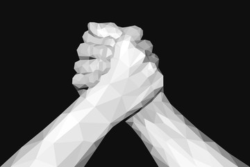 polygonal hand handshake friendly arm wrestling fist up on black