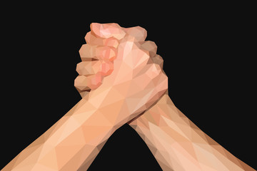 polygonal hand handshake friendly arm wrestling fist up on black