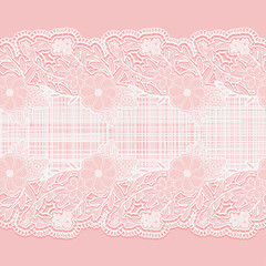 Lace horizontal seamless ribbon with cloth for design. White floral pattern on a pink background.
