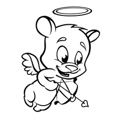  Valentine cupid bear ready to shoot his arrow.Monochrome vector line art isolated