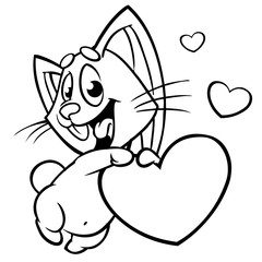 Cute little bunny holding love heart. Monochrome vector line art isolated