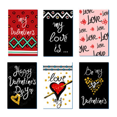 Naklejka premium Set of gold and red texture Valentine's Day greeting card. Stickers and gift tags.