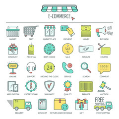 E-commerce icon set. Color modern line icons for business, web development and landing page. Flat design. Vector