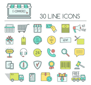 Set of e-commerce line icons. Color modern line icons for business, web development and landing page. Flat design. Vector