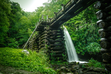 Harnessing Energy. Water flows down a flume to power an 18th century grist mill. Great Smoky...