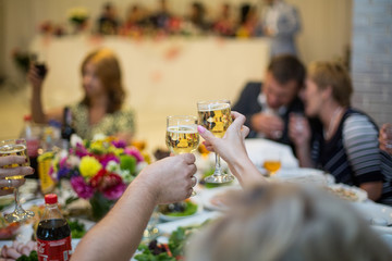 Family and guests toasting glasses with champagne at wedding rec