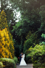Obraz premium Romantic, sensual couple hugging in a park alley, surrounded by