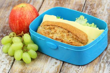 School lunch box consisting of brown bread sandwich with cheese, apple and grapes
