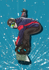 Snowboarder on a blue background.