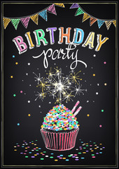 Birthday Invitation card. Birthday cupcake with sparklers