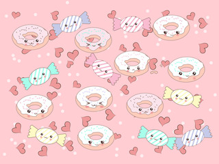 Fototapeta premium Funny vector patterm with cute cartoon donut and candy characters .
