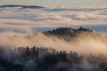 Carpathian mountains in the clouds, seen from Wysoka mountain in Pieniny, Poland
